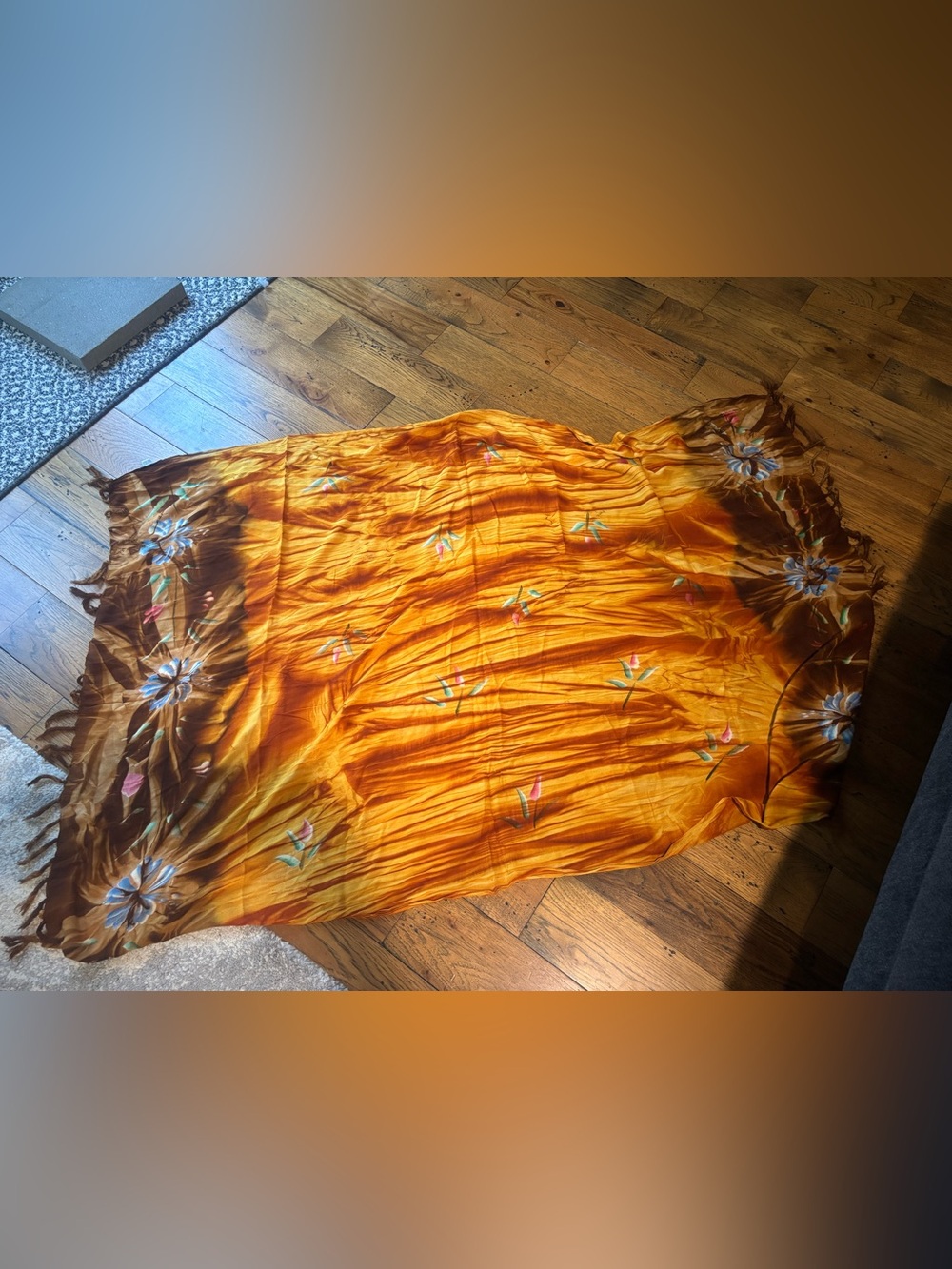 Vibrant Gold and Brown Tie-Dye Floral Women’s Scarf Wrap with Fringe